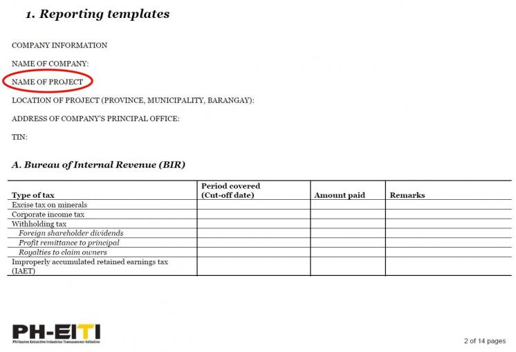 Screenshot from Philippines' reporting templates